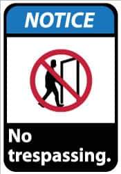 NMC - "Notice - No Trespassing", 14" Long x 10" Wide, Pressure-Sensitive Vinyl Safety Sign - Rectangle, 0.004" Thick, Use for Security & Admittance - Apex Tool & Supply