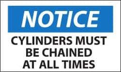 NMC - Accident Prevention Label, Header: NOTICE - Legend: Notice - Cylinders Must Be Chained at All Times, English, Black, Blue & White, 5" Long x 3" High, Sign Muscle Finish - Apex Tool & Supply
