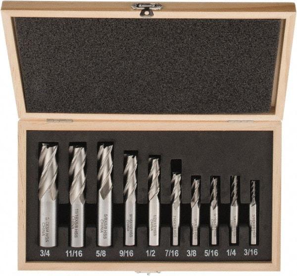 Interstate - 3/16 to 3/4", 4 Flute Square End Mill Set - Uncoated, High Speed Steel, Single End, Centercutting - Apex Tool & Supply