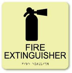NMC - Fire Extinguisher, Plastic Fire Sign - 8" Wide x 8" High, English/Braille, Glow-in-the-Dark - Apex Tool & Supply