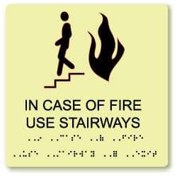 NMC - In Case of Fire - Use Stairway, Plastic Fire Sign - 8" Wide x 8" High, English/Braille, Glow-in-the-Dark - Apex Tool & Supply