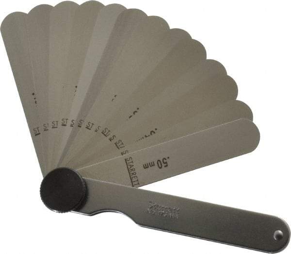 Starrett - 13 Piece, 0.03 to 0.5mm Parallel Feeler Gage Set - 77mm Long x 12.7mm Wide, Tempered Steel - Apex Tool & Supply