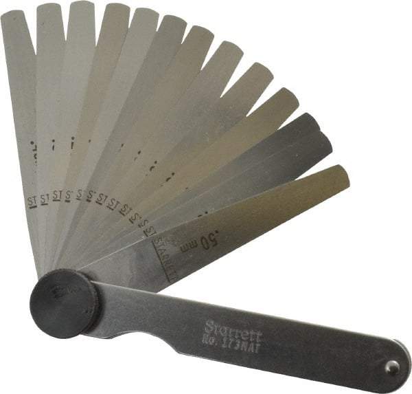 Starrett - 13 Piece, 0.03 to 0.5mm Tapered Feeler Gage Set - 77mm Long x 7 to 12.7mm Wide (Tapered), Tempered Steel - Apex Tool & Supply
