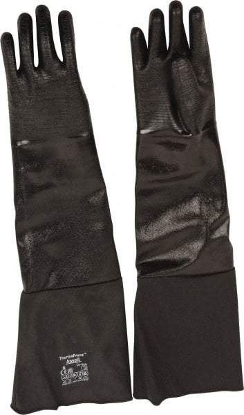 Ansell - Size M (8), 26" Long, 85 mil Thick, Supported, Neoprene Chemical Resistant Gloves - Textured Finish, Fleece/Jersey Lined, Gauntlet Cuff, ANSI Abrasion Level 3, ANSI Cut Level 2, Black, FDA Approved - Apex Tool & Supply