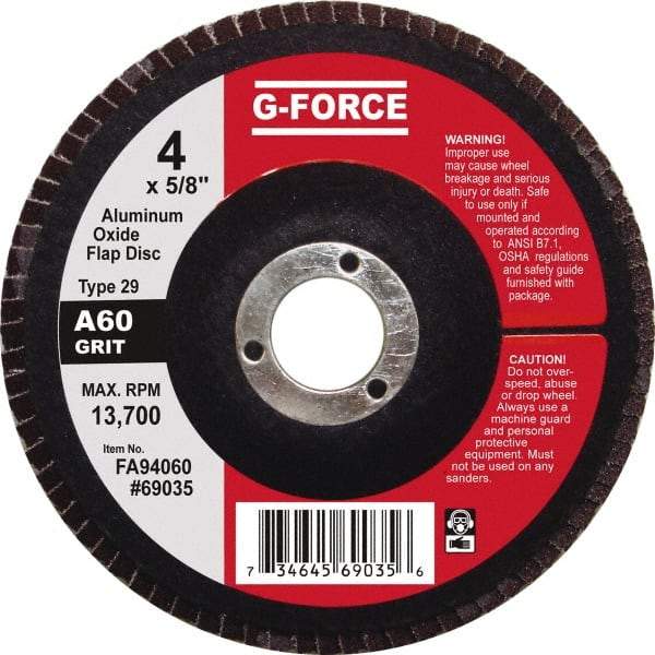 Value Collection - 60 Grit, 4" Disc Diam, 5/8" Center Hole, Type 29 Aluminum Oxide Flap Disc - 13,500 Max RPM, Fiberglass Backing, Arbor Attaching System, Coated - Apex Tool & Supply