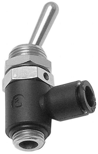 Legris - 4mm OD, 1/8 BSPP, Nylon/Nickel Plated Brass Push-to-Connect Manually Operated 3-Way Venting Valve - 230 Max psi, Black - Apex Tool & Supply