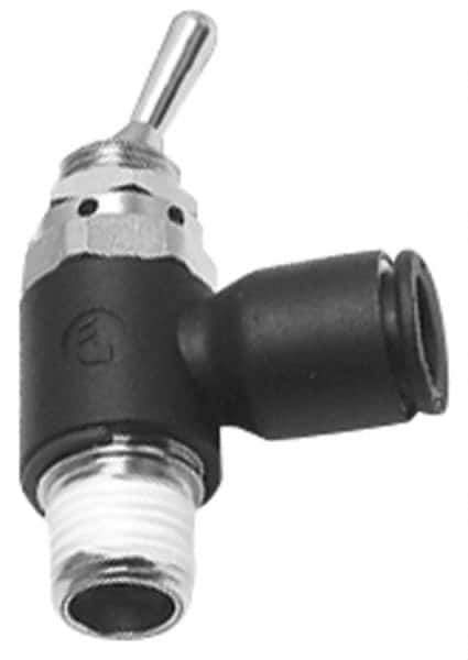Legris - 3/8" OD, 1/4 NPT, Nylon/Nickel Plated Brass Push-to-Connect Manually Operated 3-Way Venting Valve - 230 Max psi, Black - Apex Tool & Supply