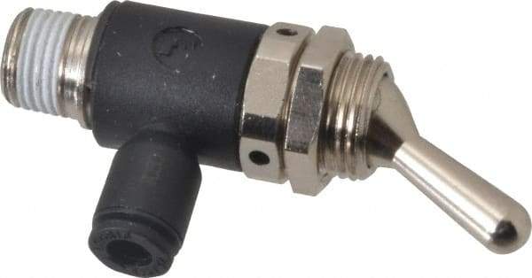 Legris - 5/32" OD, 1/8 NPT, Nylon/Nickel Plated Brass Push-to-Connect Manually Operated 3-Way Venting Valve - 230 Max psi, Black - Apex Tool & Supply