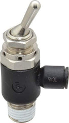 Legris - 1/4" OD, 1/4 NPT, Nylon/Nickel Plated Brass Push-to-Connect Manually Operated 3-Way Venting Valve - 230 Max psi, Black - Apex Tool & Supply