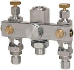 LDI Industries - 5/8-18 Outlet Thread, 1/4 Inlet Thread, Aluminum, Straight Valve, Oil Reservoir Needle Valve Manifold - 2 Outlet, 4-3/16" Wide, NPTF Inlet Thread, UNF Outlet Thread - Apex Tool & Supply