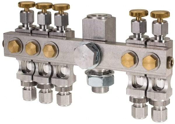 LDI Industries - 5/8-18 Outlet Thread, 1/4 Inlet Thread, Aluminum, Straight Valve, Oil Reservoir Needle Valve Manifold - 5 Outlet, 6-7/16" Wide, NPTF Inlet Thread, UNF Outlet Thread - Apex Tool & Supply