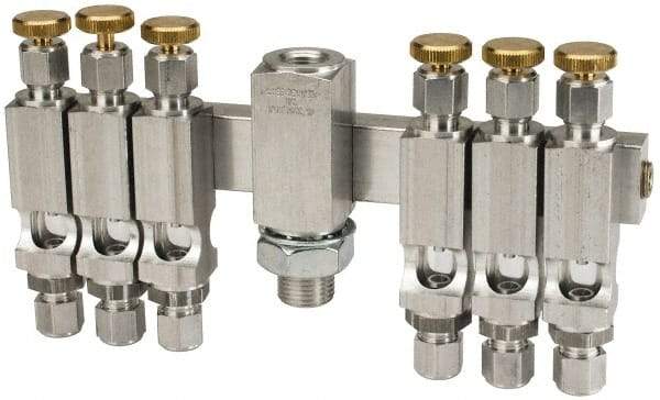 LDI Industries - 5/8-18 Outlet Thread, 1/4 Inlet Thread, Aluminum, Straight Valve, Oil Reservoir Needle Valve Manifold - 6 Outlet, 7-3/16" Wide, NPTF Inlet Thread, UNF Outlet Thread - Apex Tool & Supply