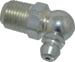 Alemite - 90° Head Angle, 1/8 NPTF Steel Leakproof Grease Fitting - 7/16" Hex, 31/32" Overall Height, 25/64" Shank Length, 5,000 Operating psi, Zinc Plated Finish - Apex Tool & Supply