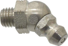Alemite - 45° Head Angle, 1/4-28 Taper Stainless Steel Standard Grease Fitting - 3/8" Hex, 13/16" Overall Height, 13/64" Shank Length - Apex Tool & Supply