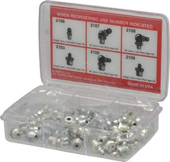 Alemite - 44 Piece, Metric, Box Grease Fitting Set - Includes Metric Thread Types, Includes M10x1: (10) Straight, M6x1: (10) Straight, (6) 45°, (6) 90°, M8x1: (6) Straight, (6) 90° - Apex Tool & Supply