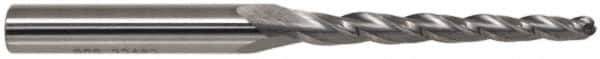 SGS - 7° Taper Angle per Side, 1/8" Small End Diam, 1" LOC, Solid Carbide 3 Flute Tapered Ball End Mill - 3-1/2" OAL, 3/8" Shank Diam, Spiral Flute, 28° Helix - Apex Tool & Supply