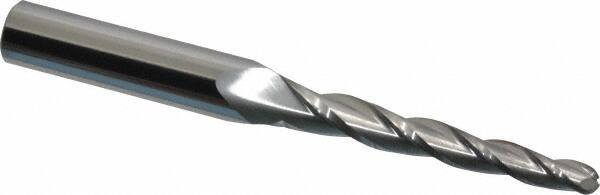 SGS - 1.5° Taper Angle per Side, 3/16" Small End Diam, 1-3/4" LOC, Solid Carbide 3 Flute Tapered Ball End Mill - 3-1/2" OAL, 3/8" Shank Diam, Spiral Flute, 28° Helix - Apex Tool & Supply