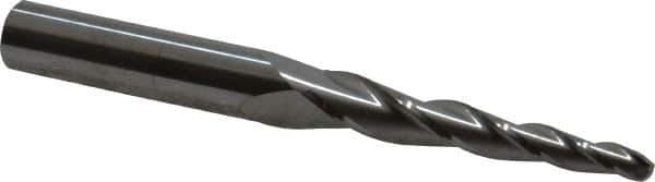 SGS - 3° Taper Angle per Side, 5/32" Small End Diam, 1-3/4" LOC, Solid Carbide 3 Flute Tapered Ball End Mill - 3-1/2" OAL, 3/8" Shank Diam, Spiral Flute, 28° Helix - Apex Tool & Supply