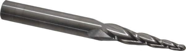 SGS - 5° Taper Angle per Side, 1/8" Small End Diam, 1-1/2" LOC, Solid Carbide 3 Flute Tapered Ball End Mill - 3-1/2" OAL, 3/8" Shank Diam, Spiral Flute, 28° Helix - Apex Tool & Supply