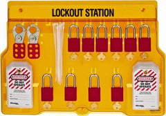 Master Lock - 14 Piece, Equipped Polycarbonate Padlock Station - 22 Inch Wide x 15-1/2 Inch High x 1-3/4 Inch Deep, Black on Yellow, Covered - Apex Tool & Supply