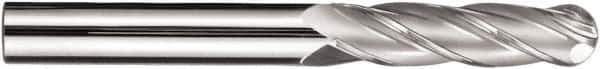 SGS - 1" Diam, 2-1/4" LOC, 4 Flute Solid Carbide Ball End Mill - TiN Finish, Single End, 5" OAL, 1" Shank Diam, Spiral Flute - Apex Tool & Supply