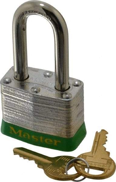Master Lock - Keyed Different Retaining Key Conductive Lockout Padlock - 1-1/2" Shackle Clearance, 9/32" Shackle Diam, 1-1/4" Body Height x 1-9/16" Body Width, Green, 4 Pins - Apex Tool & Supply