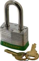 Master Lock - Keyed Different Retaining Key Conductive Lockout Padlock - 1-1/2" Shackle Clearance, 9/32" Shackle Diam, 1-1/4" Body Height x 1-9/16" Body Width, Green, 4 Pins - Apex Tool & Supply