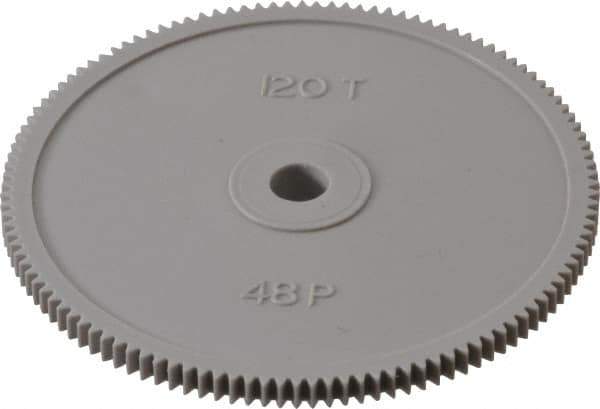 Made in USA - 48 Pitch, 2-1/2" Pitch Diam, 2.542" OD, 120 Tooth Spur Gear - 1/8" Face Width, 1/4" Bore Diam, 39/64" Hub Diam, 20° Pressure Angle, Acetal - Apex Tool & Supply