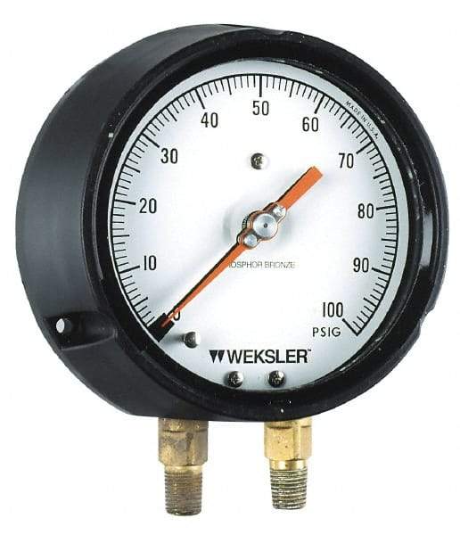Weksler Instruments - 4-1/2" Dial, 1/4 Thread, 0-400 Scale Range, Pressure Gauge - Lower Connection, Rear Flange Connection Mount - Apex Tool & Supply