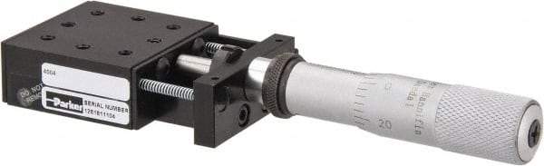 Parker - 25 Lb. Capacity, 6-32 Mount Hole, 1" Travel, Precision Ball Bearing Table with Center Drive - Single Axis, 8 Mounting Holes, 1-3/4" Long x 1-3/4" Wide x 3/4" High - Apex Tool & Supply