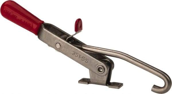 De-Sta-Co - 375 Lb Capacity, Horizontal, J Hook, Right Flanged Base, Stainless Steel Pull Action Latch Clamp - 4" Drawing Movement, 8.82" OAL, Thumb Handle - Apex Tool & Supply