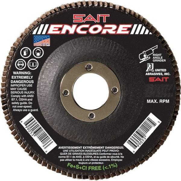Sait - 80 Grit, 5" Disc Diam, 7/8" Center Hole, Type 27 Zirconia Alumina Flap Disc - 12,200 Max RPM, Fiberglass Backing, Arbor Attaching System, Coated - Apex Tool & Supply