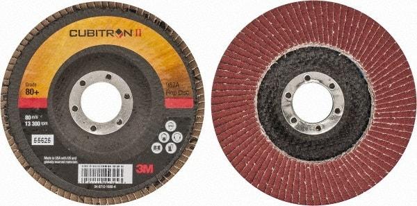 3M - 80 Grit, 4-1/2" Disc Diam, 7/8" Center Hole, Type 29 Ceramic Flap Disc - 13,300 Max RPM, Cloth Backing, Arbor Attaching System, Coated - Apex Tool & Supply