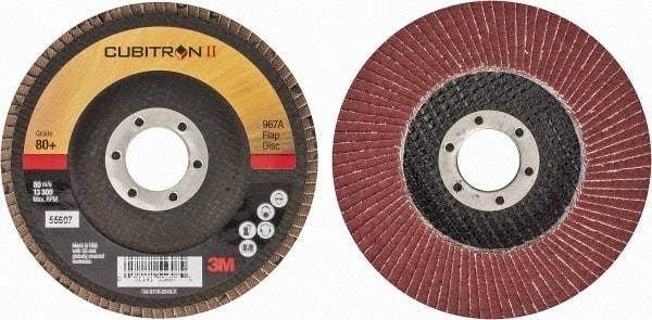 3M - 80 Grit, 4-1/2" Disc Diam, 7/8" Center Hole, Type 27 Ceramic Flap Disc - 13,300 Max RPM, Cloth Backing, Arbor Attaching System, Coated - Apex Tool & Supply