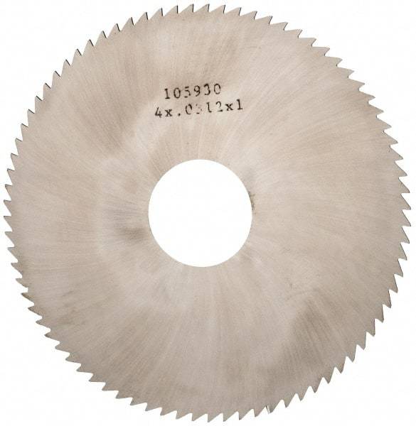 Made in USA - 4" Diam x 0.0312" Blade Thickness x 1" Arbor Hole Diam, 80 Tooth Slitting and Slotting Saw - Arbor Connection, Right Hand, Uncoated, Solid Carbide, 5° Rake, Concave Ground - Apex Tool & Supply