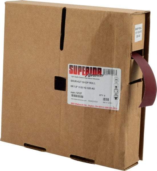 Superior Abrasives - 1-1/2" x 50 Yd 320 Grit Aluminum Oxide Cloth Roll - Extra Fine Grade, J Weighted Backing - Apex Tool & Supply