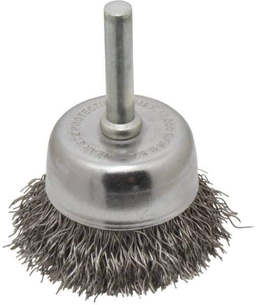 Made in USA - 1-3/4" Diam, 1/4" Shank Crimped Wire Steel Cup Brush - 0.014" Filament Diam, 3/4" Trim Length, 13,000 Max RPM - Apex Tool & Supply