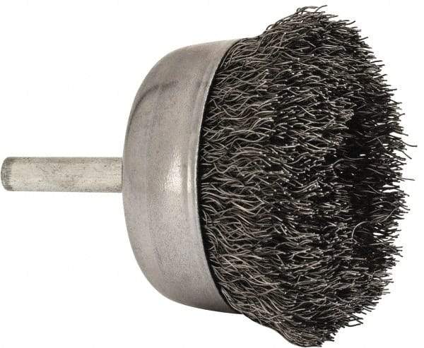 Made in USA - 2-1/4" Diam, 1/4" Shank Crimped Wire Steel Cup Brush - 0.0104" Filament Diam, 5/8" Trim Length, 13,000 Max RPM - Apex Tool & Supply