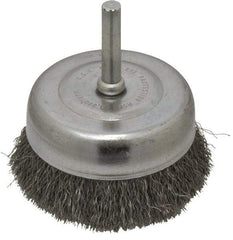 Made in USA - 2-3/4" Diam, 1/4" Shank Crimped Wire Steel Cup Brush - 0.008" Filament Diam, 7/8" Trim Length, 13,000 Max RPM - Apex Tool & Supply