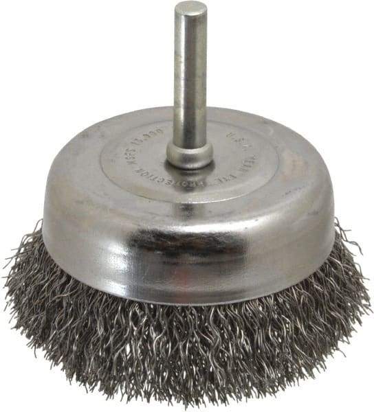 Made in USA - 2-3/4" Diam, 1/4" Shank Crimped Wire Steel Cup Brush - 0.0118" Filament Diam, 7/8" Trim Length, 13,000 Max RPM - Apex Tool & Supply