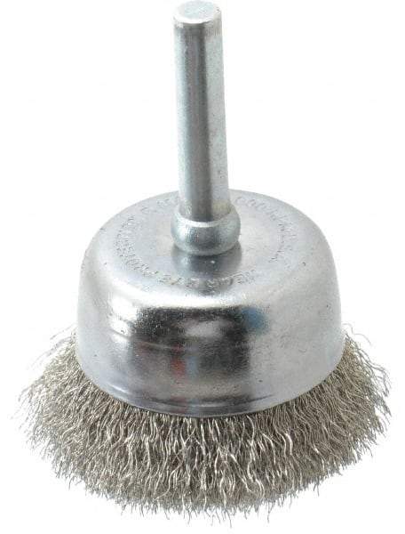 Made in USA - 1-3/4" Diam, 1/4" Shank Crimped Wire Stainless Steel Cup Brush - 0.006" Filament Diam, 3/4" Trim Length, 13,000 Max RPM - Apex Tool & Supply