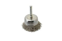 Made in USA - 1-3/4" Diam, 1/4" Shank Crimped Wire Stainless Steel Cup Brush - 0.014" Filament Diam, 3/4" Trim Length, 13,000 Max RPM - Apex Tool & Supply