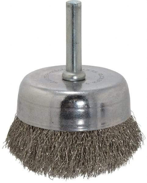 Made in USA - 2-1/4" Diam, 1/4" Shank Crimped Wire Stainless Steel Cup Brush - 0.008" Filament Diam, 5/8" Trim Length, 13,000 Max RPM - Apex Tool & Supply