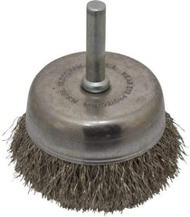Made in USA - 2-1/4" Diam, 1/4" Shank Crimped Wire Stainless Steel Cup Brush - 0.0104" Filament Diam, 5/8" Trim Length, 13,000 Max RPM - Apex Tool & Supply
