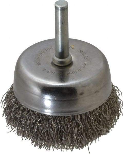 Made in USA - 2-1/4" Diam, 1/4" Shank Crimped Wire Stainless Steel Cup Brush - 0.0118" Filament Diam, 5/8" Trim Length, 13,000 Max RPM - Apex Tool & Supply