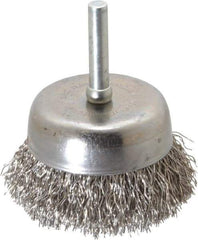 Made in USA - 2-1/4" Diam, 1/4" Shank Crimped Wire Stainless Steel Cup Brush - 0.014" Filament Diam, 5/8" Trim Length, 13,000 Max RPM - Apex Tool & Supply
