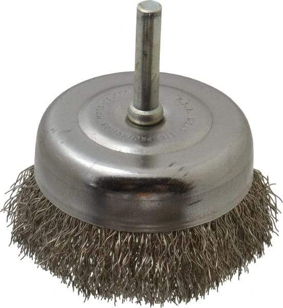 Made in USA - 2-3/4" Diam, 1/4" Shank Crimped Wire Stainless Steel Cup Brush - 0.0118" Filament Diam, 7/8" Trim Length, 13,000 Max RPM - Apex Tool & Supply