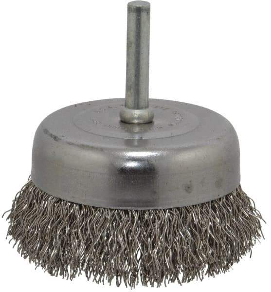 Made in USA - 2-3/4" Diam, 1/4" Shank Crimped Wire Stainless Steel Cup Brush - 0.014" Filament Diam, 7/8" Trim Length, 13,000 Max RPM - Apex Tool & Supply