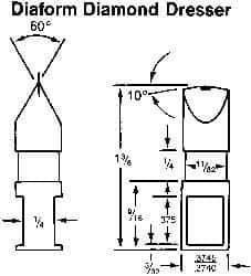 Made in USA - 0.015" Radius Single Point Diaform Diamond Dresser - 1-3/4" Long x 1/4" Shank Diam, 60° Included Angle - Apex Tool & Supply