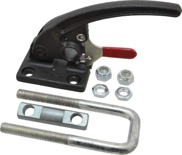De-Sta-Co - 7,500 Lb Capacity, Horizontal, U Hook, Flanged Base, Carbon Steel Pull Action Latch Clamp - 2.19" Drawing Movement, 9.65" OAL, Threaded U Hook, Straight Handle - Apex Tool & Supply